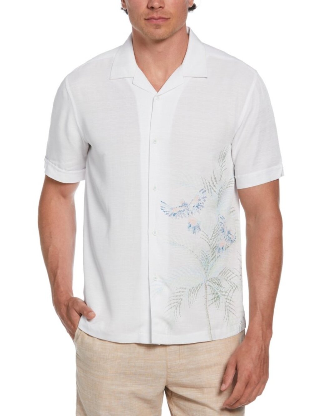 Cubavera Men's Textured Short Sleeve Button-Front Parrot Print Camp Shirt.  NWT
